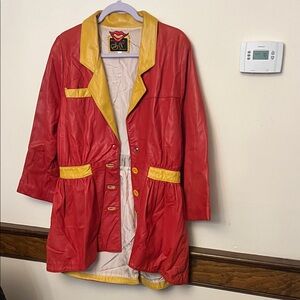 Vintage Red & Yellow Leather Coat - Womens Jacket